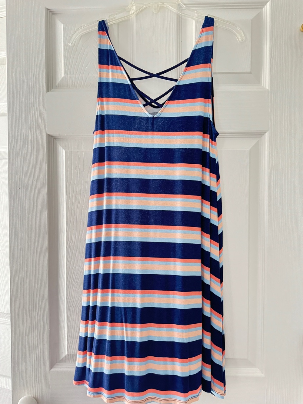 Arizona Jean Company Navy, Coral & Light Blue Striped Crisscross Front Dress